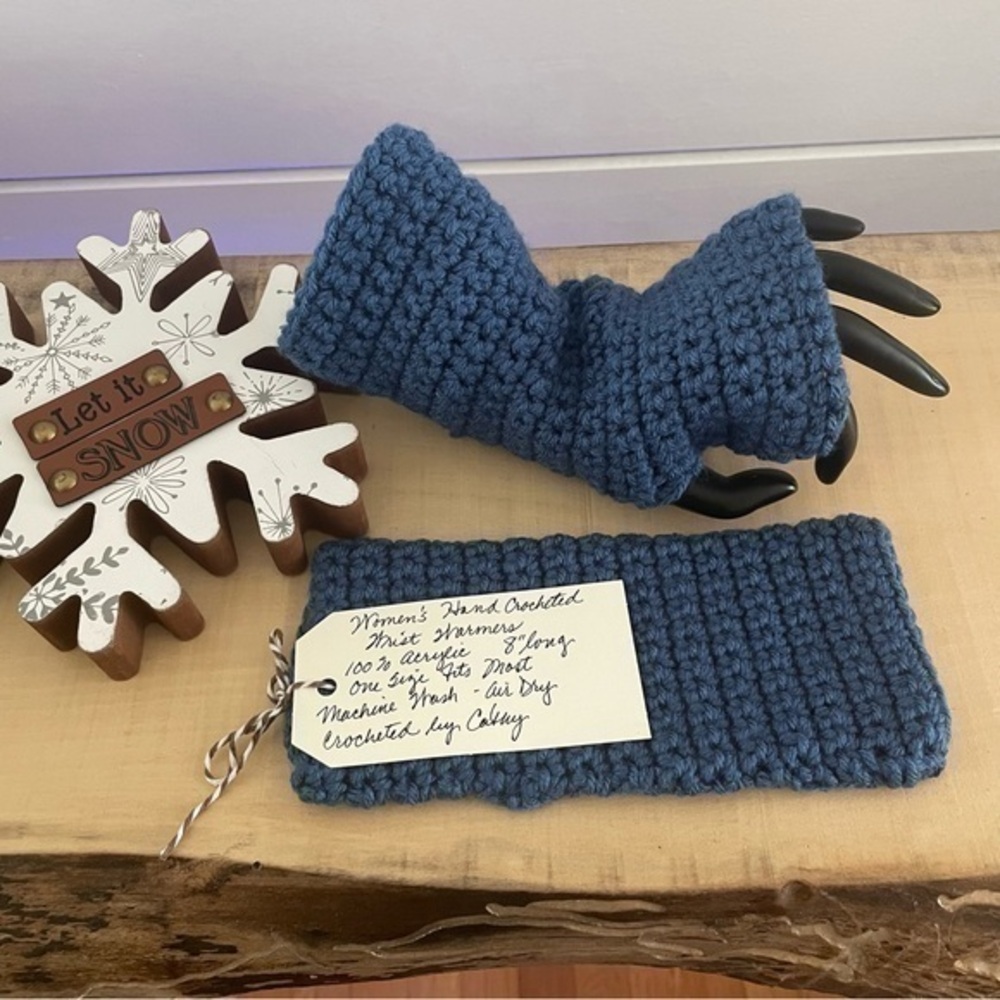 Handmade Denim Blue Tech Fingerless Gloves Crochet Knit Indoor Outdoor